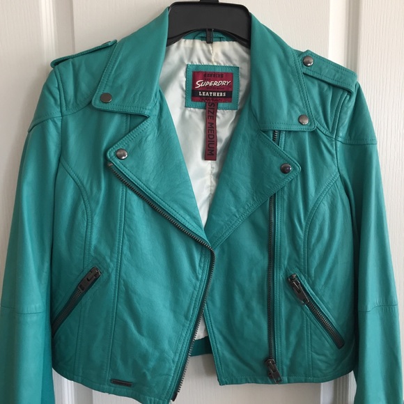 Superdry Leather Jacket Teal Turquoise 